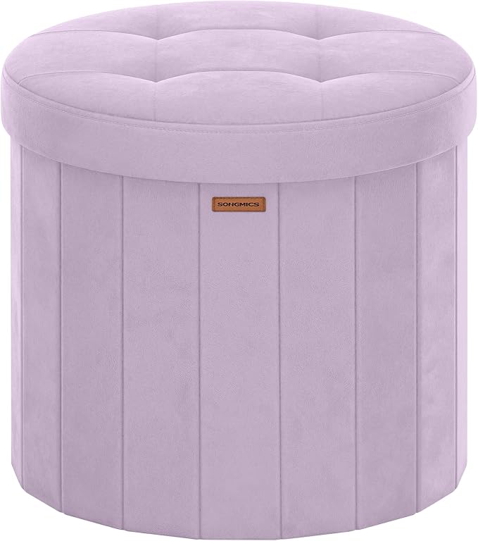 SONGMICS Mazie Collection - Round Storage Ottoman, Folding Footrest Stool with Removable Lid, Easy Assembly, Velvet Vanity Stool for Bedroom, Living Room, Entryway, Purple ULSF608PE01