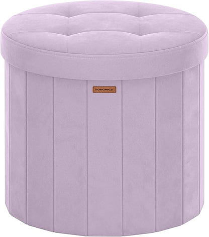 SONGMICS Mazie Collection - Round Storage Ottoman, Folding Footrest Stool with Removable Lid, Easy Assembly, Velvet Vanity Stool for Bedroom, Living Room, Entryway, Purple ULSF608PE01