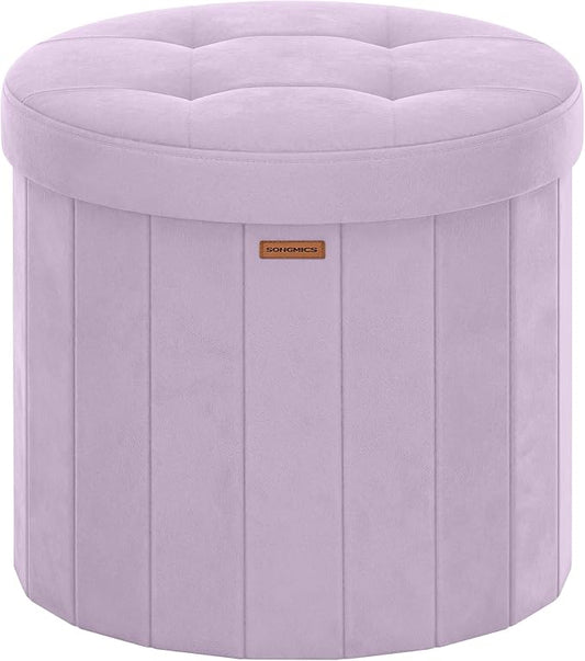 SONGMICS Mazie Collection - Round Storage Ottoman, Folding Footrest Stool with Removable Lid, Easy Assembly, Velvet Vanity Stool for Bedroom, Living Room, Entryway, Purple ULSF608PE01