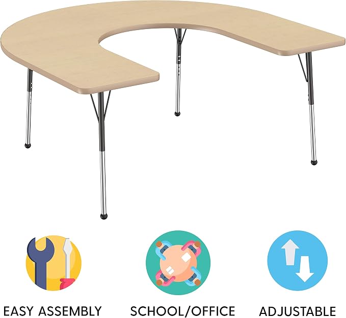 FDP Horseshoe Activity School and Office Table (60 x 66 inch), Standard Legs with Ball Glides for Collaborative Seating Environments, Adjustable Height 19-30 inches - Maple Top and Maple Edge