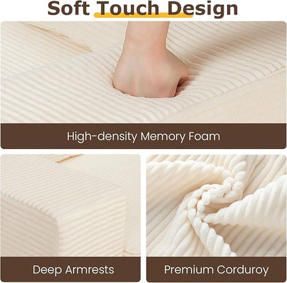 cidludto Convertible Sofa Bed, 3 in 1 Loveseat Folding Couch Bed Foldable - Chaise Lounge Chair & Floor Futon Sofa, Corduroy Pull Out Sofa Bed with 4 Pillows for Living Room, Beige