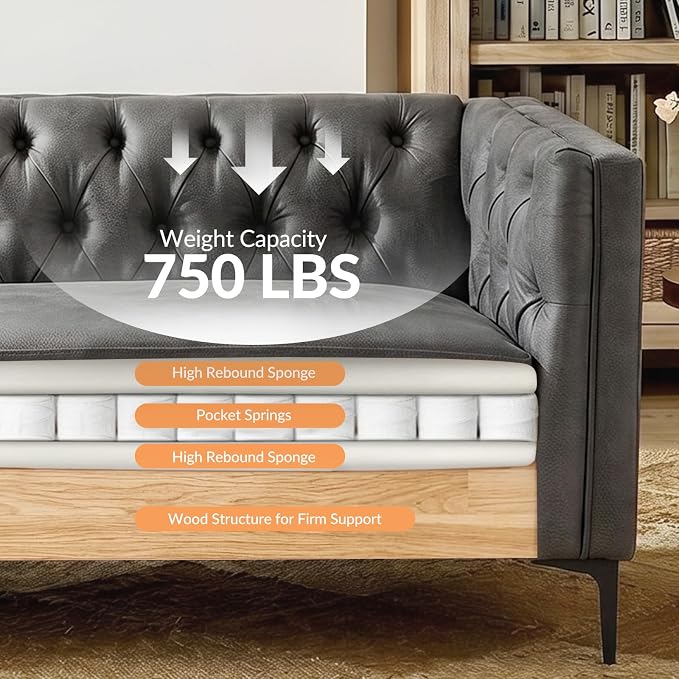 HULALA HOME 84" W Faux Leather Sofa Couch with Metal Legs, Button-Tufted 3-Seater Sofa, Mid Century Modern Contemporary Upholstered Couch for Living Room, Entertainment Area, Apartment,Grey