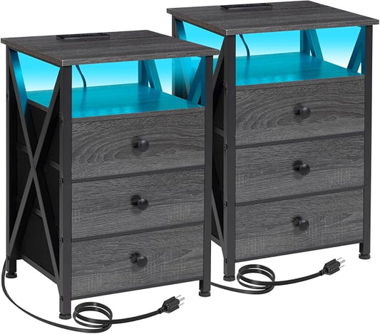 AMHANCIBLE Nightstands Set of 2, LED Night Stand with Charging Station, End Side Tables with USB Port & Outlet, Bedside Table with Fabric Drawers for Bedroom, Dark Grey, HET053LDG