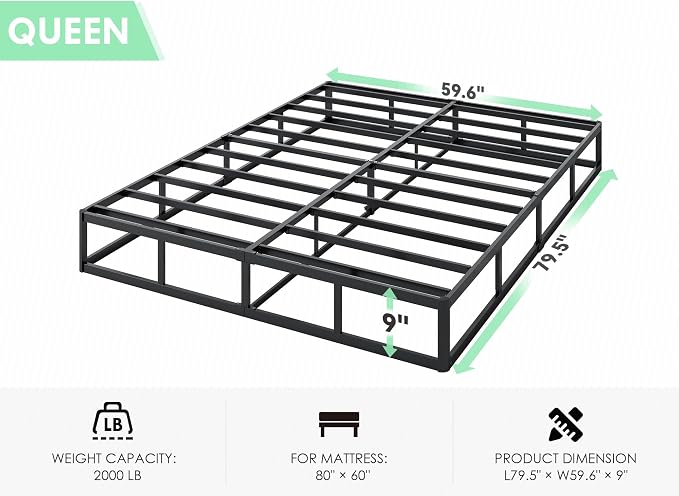 QEROMY 9 Inch High Profile Box Spring, Sturdy Metal Frame Mattress Foundation, Easy Assembly, Quiet & Noise-Free, Queen Size