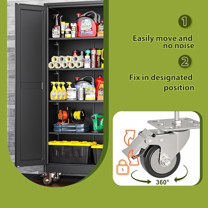 Metal Garage Storage Cabinet with Wheels, 74.8" H x 31.5" W x 15.7" D, Lockable Rolling Steel Tool Cabinet with Adjustable Shelves, Heavy Duty Garage Cabinet for Workshop, Basement, Home, Black