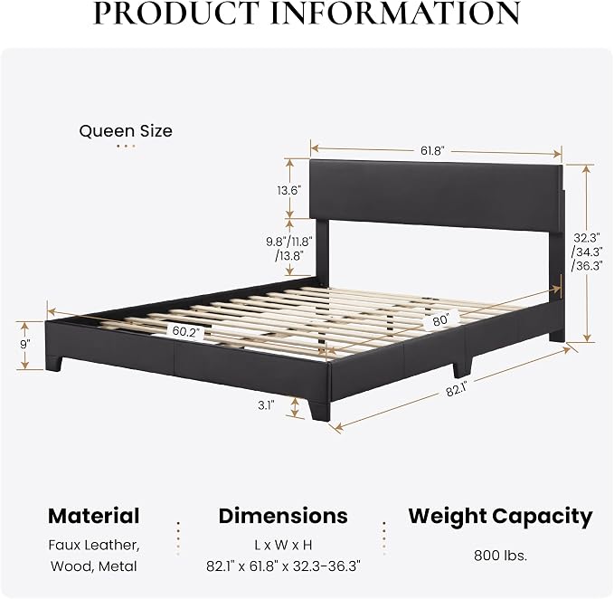 SHA CERLIN PU Leather Upholstered Queen Size Bed Frame with Headboard,Black | Adjustable Low-Profile Platform Bed, Minimalist Design, Stable Mattress Foundation, Strong Back-Support, No Box Spring Needed