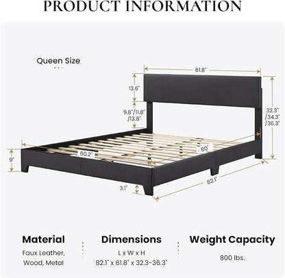 SHA CERLIN PU Leather Upholstered Queen Size Bed Frame with Headboard,Black | Adjustable Low-Profile Platform Bed, Minimalist Design, Stable Mattress Foundation, Strong Back-Support, No Box Spring Needed