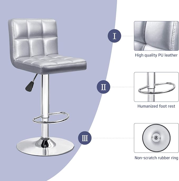 Furniwell Bar Stools Modern Pu Leather Swivel Adjustable Barstools Armless Counter Height Swivel Bar Stool Synthetic Leather Height Square Barstool with Set of 2(Silver)