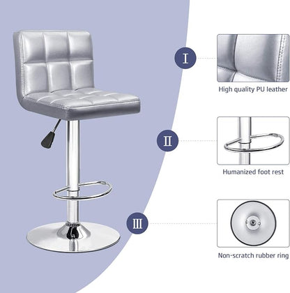 Furniwell Bar Stools Modern Pu Leather Swivel Adjustable Barstools Armless Counter Height Swivel Bar Stool Synthetic Leather Height Square Barstool with Set of 2(Silver)