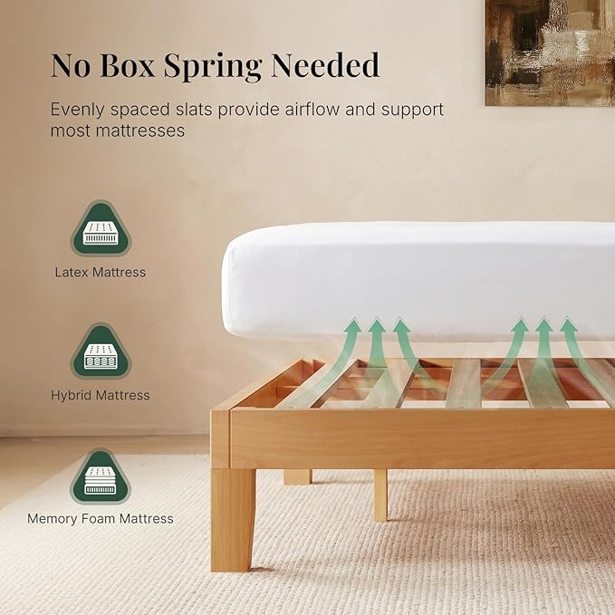 Sweetcrispy King Size Bed Frame 12 inch Heavy Duty Platform Bedframe, 1000 lbs Capacity, Underbed Storage, No Box Spring Needed, Wooden Slats, Easy Assembly with Velcro, Honey Finish