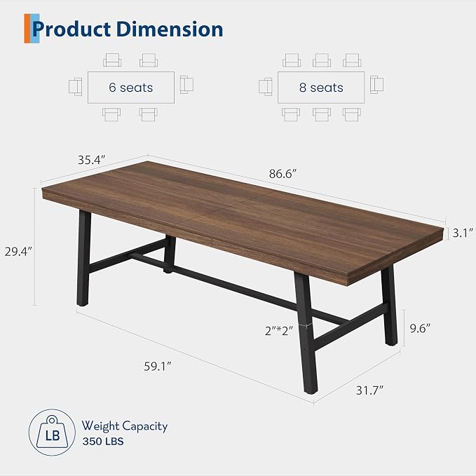 GarveeHome Industrial Dining Table for 8-10 People, 86.61" Long Large Kitchen Table with Sturdy Metal Frame, Rectangular Counter for Dinner, Kitchen, Dining Room (Brown, 87" Non-extendable)