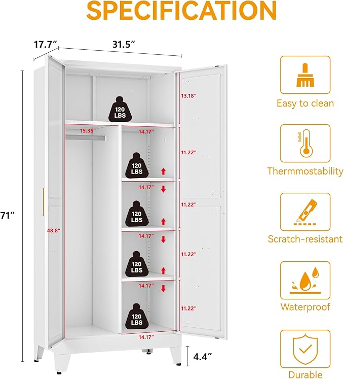 COFaR Metal Armoire Wardrobe Closet with Doors and Shelves & Hanging Rod, 71" Tall Freestanding Wardrobe Storage Cabinet, Bedroom Armoires,Steel Wardrobe Cabinet for Cloak Room,Laundry Room,Gym,Office