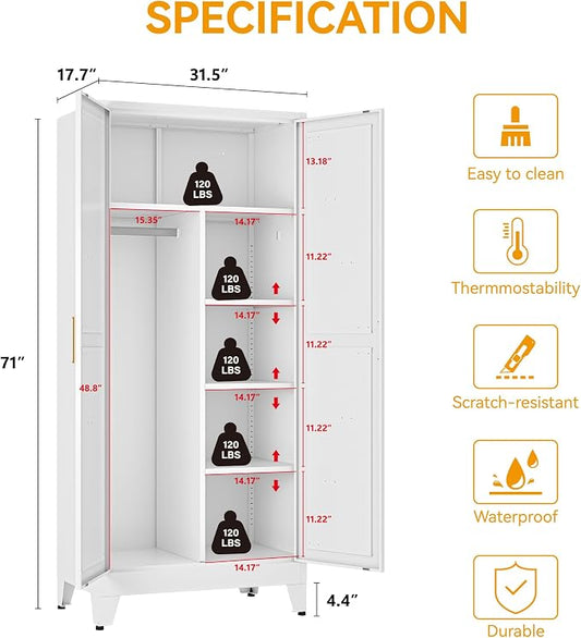 COFaR Metal Armoire Wardrobe Closet with Doors and Shelves & Hanging Rod, 71" Tall Freestanding Wardrobe Storage Cabinet, Bedroom Armoires,Steel Wardrobe Cabinet for Cloak Room,Laundry Room,Gym,Office
