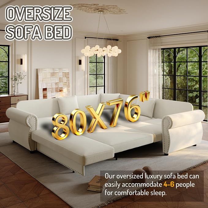 88.2" Sectional Sleeper Sofa with Pull Out Bed - Oversize L-Shaped Convertible Sleeper Couch Bed, Button Tufted Chesterfield Sofa, Chenille Vintage Couches for Living Room/Apartment(4-Seater, Beige) | Pull Out Couch Bed