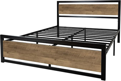 SHA CERLIN Heavy Duty Full Size Bed Frame with Modern Headboard，Brown | Platform Metal Base with Square Footboard and 13 Strong Slats Support, No Box Spring Needed