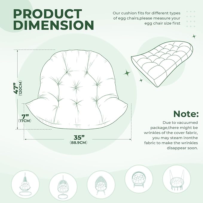 DANGHOOGY Egg Chair Cushion, Waterproof Outdoor Egg Replacement Cushions, Patio Chair Cushions for Outdoor Funiture, Thickened Hanging Chair Cushion, 35x47x7 Inches (Green)