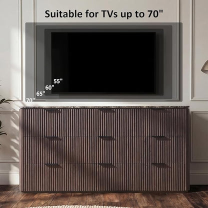 Dresser for Bedroom with 9 Drawers, 63"W Chest of Drawers, Fluted Dresser with Faux Marble Top, Curved Profile Design, Metal Handle, Wood Closet Storage Organizer for Living Room, Hallway, Dark Oak