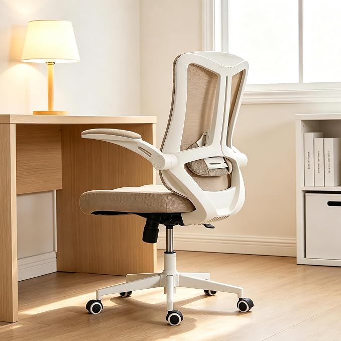 Ergonomic Office Chair with Adjustable Lumbar Support & Flip-Up Armrests - High Back Computer Desk Chair with Thickened Seat Cushion, Rolling Wheels for Home/Office Study Work (08khaki)