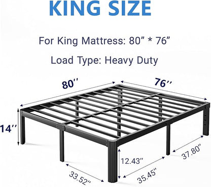 14 Inch High Metal King Bed Frame No Box Spring Needed, Heavy Duty King Size Bed Frame Platform, Noise Free, Easy Assembly, Black