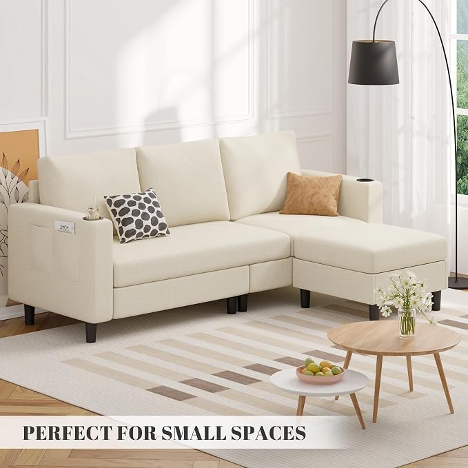 Luxanimarion Upholstered Sectional Sofa and Couches, 78'' L Shaped 3-seat Sofa forLiving Room, Apartment, Lounge,Bedroom-Washable Covers Convertible Sofas(Linen Fabric,Beige