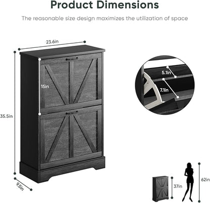 Smart FENDEE Shoe Cabinet, Shoe Storage Cabinet for Entryway with 2 Flip Drawers, Narrow Farmhouse Shoe Organizer Cabinet, Slim Shoe Rack Cabinet, 23.6in Black