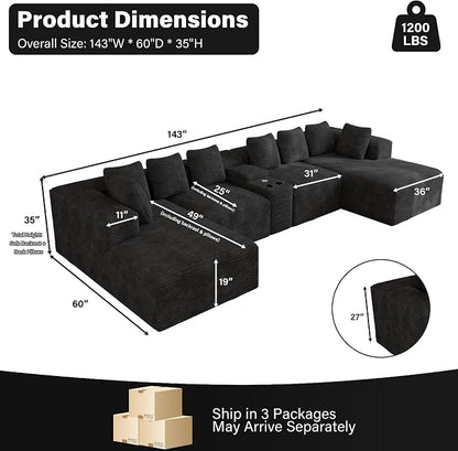 143" Oversized U Shaped Cloud Sectional Couches for Living Room, Comfy Fluffy Corduroy Black Boneless Couch, Large Modular Sectional Sofa Set with Chaise, Cup Holder, USB Port, Storage Console