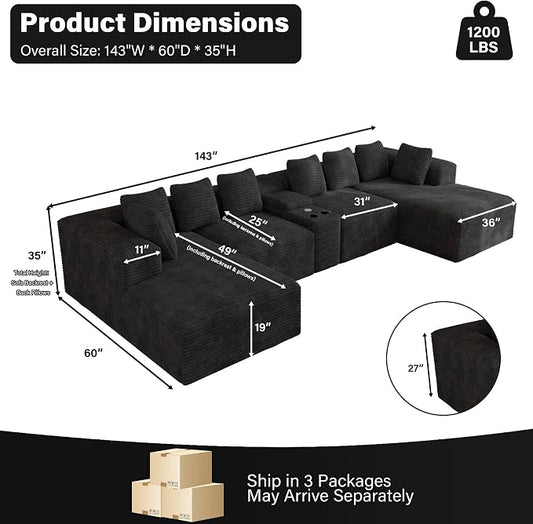 143" Oversized U Shaped Cloud Sectional Couches for Living Room, Comfy Fluffy Corduroy Black Boneless Couch, Large Modular Sectional Sofa Set with Chaise, Cup Holder, USB Port, Storage Console