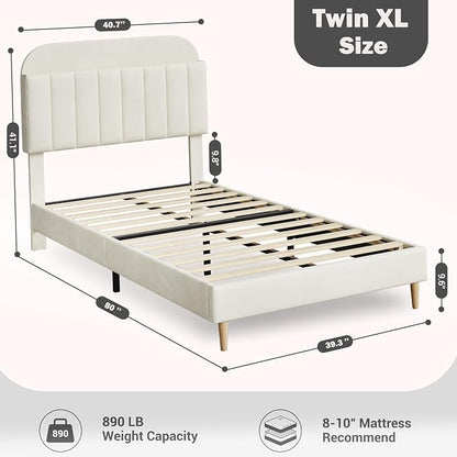 IDEALHOUSE Twin XL Bed Frames, Upholstered Platform Bed Frame with Bookcase Headboard, Velvet Platform Bed Mattress Foundation, Heavy Duty Steel Support Legs, Easy Assembly, Noise Free, Cream White