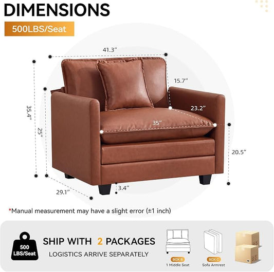 WUTUTUEE 41'' Modern Leather Oversized Chair, Upholstered Accent Living Room Chair with Extra Thicked Deep Seat, Single Lounge Chair for Bedroom, Small Apartment, Leather Brown