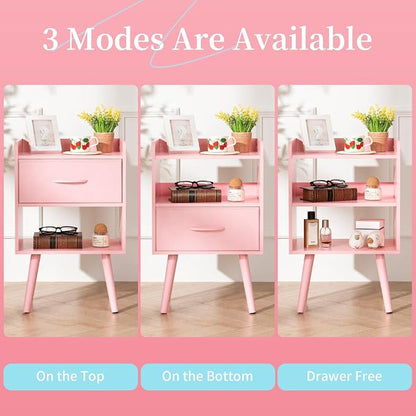 Yoobure Night Stand with Fabric Drawer, Modern Nightstand, Bedside Tables, Mid Century Nightstands with Open Storage Shelf, Wood Bedside Table, Small Night Stands for Bedrooms, 2-Tier Night Table