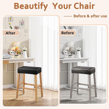 PU Leather Bar Stool Covers Rectangular, 100% Waterproof Stool Covers Rectangle Super Stretch 20% Thicker Leather Saddle Stools Cover Rectangular Counter Bar Stools with Elastic Band (2 PCS, Black)