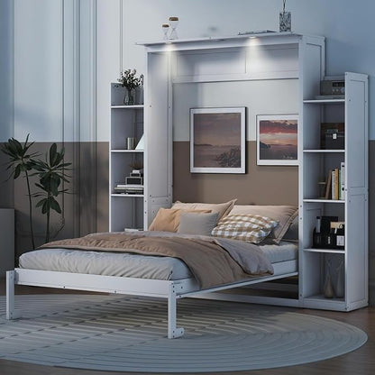 MERITLINE Full Murphy Bed Kit with Storage 8 Shelves and LED Lights, Wood Murphy Bed Cabinet Murphy Bed in a Cabinet White Murphy Wall Bed Units Full Size, LP00069