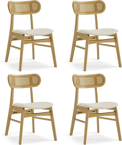KISLOT Rattan Dining Chairs Set of 4, Upholstered Modern Dining Room Chairs, Mid Century Oak Wood Kitchen Chairs with Rattan Backrest for Farmhouse, Restaurant, Café (Cream Fabric & Original Color)