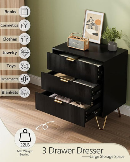 Fluted 3 Drawer Dresser for Bedroom, Modern Storage Bedroom Dresser Chest Cabinet Organizer with Anti-Tip Hardware for Living Room, Dressing Room, Kids Room, Office (Black)