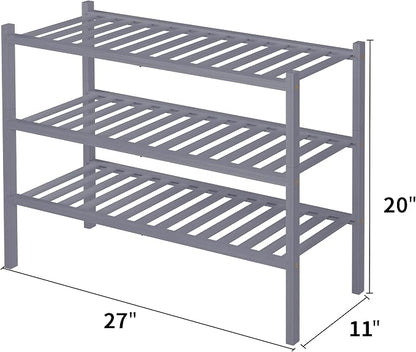 ROMGUAR CRAFT 3 Tier Bamboo Shoe Rack for Closet Free Standing Wood Shoe Shelf Storage Organizer for Entryway Small Space Stackable 27"x11"x20" (Grey)