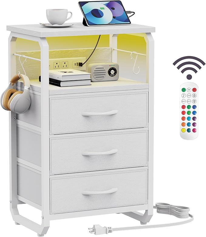 runjuly Bed Side Table with 3 Fabric Drawers, White Night Stand, LED Nightstand with Hooks, Bedside Table with Charging Station, End Table with Storage, Night Table for Bedroom, Dorm