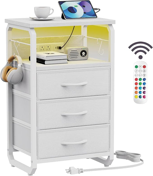runjuly Bed Side Table with 3 Fabric Drawers, White Night Stand, LED Nightstand with Hooks, Bedside Table with Charging Station, End Table with Storage, Night Table for Bedroom, Dorm