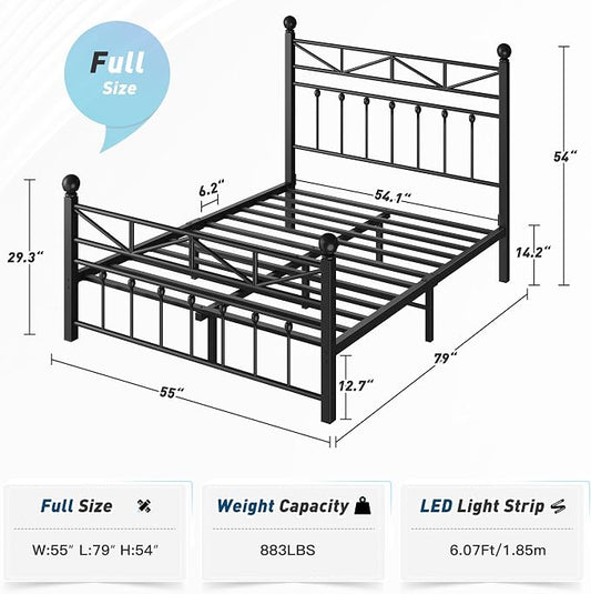 EnHomee 14.2" Metal Full Size Bed Frame with Tall Headboard & Footboard, LED Light Full Bed Frame, Strong Slats Support and Noise-Free Design with Under Bed Storage/No Box Spring Needed/Black