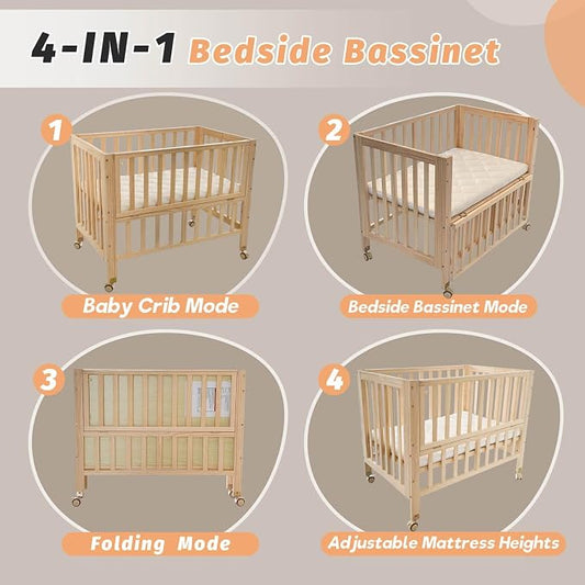 Flwrgirl Folding Wood Bedside Bassinet - Portable 4-in-1 Baby Bassinet with Breathable Mattress,3 Heights Baby Crib with Wheels,Mini Crib for Infant Newborn and Small Space,Unpainted