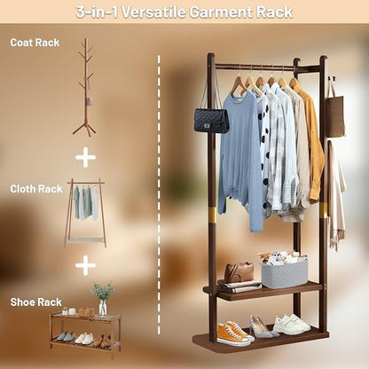 Wooden Coat Rack Freestanding, Hall Tree Hanger With Resin Hooks, Adjustable Heavy Duty Coat Rack for Hanging Clothes Bags Hats in Living Room Bedroom (coat rack, Walnut-23.6x11.4x64.1 in)