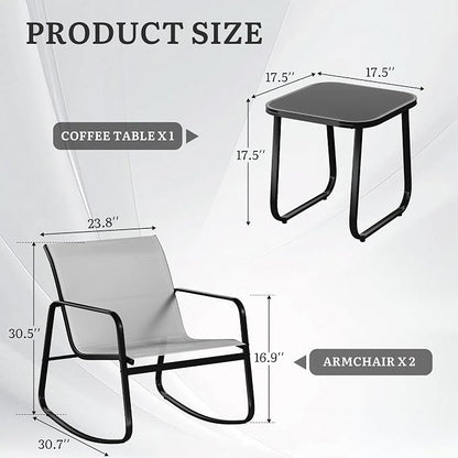 DWVO 3 Piece Patio Furniture Set, Durable Textilene Patio Set with Rocking Chairs Set of 2 & Tempered Glass Table for Garden, Balcony & Poolside, Grey