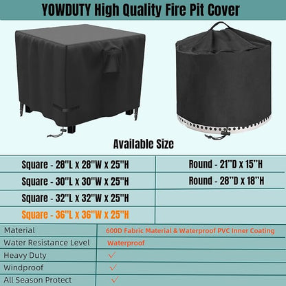 Propane Fire Pit Cover Square 36x36x25 Inch, Waterproof Heavy Duty 600D Patio Gas Fire Table Cover 36 Inch, Fit 34/35/36 Inch Firepit Table, All-weather Protection For Outdoor Fireplace