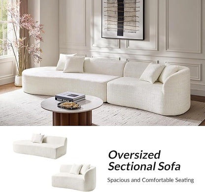 141.75" Modern Curved Compressed Sofa, All-Foam Cloud Couches with 4 Pillows, No Assembly Required Boneless Sectional Sofas, Large Floor Couch for Living Room, Ivory