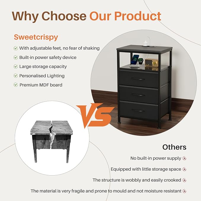 Sweetcrispy Nightstand with Charging Station, Bedside End Table with 3 Fabric Drawers, USB & Type-C Ports with AC Outlets, Adjustable Feet & Dimmable LED Light Strip, Modern Bedroom Furniture, Black