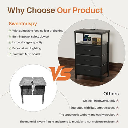 Sweetcrispy Nightstand with Charging Station, Bedside End Table with 3 Fabric Drawers, USB & Type-C Ports with AC Outlets, Adjustable Feet & Dimmable LED Light Strip, Modern Bedroom Furniture, Black