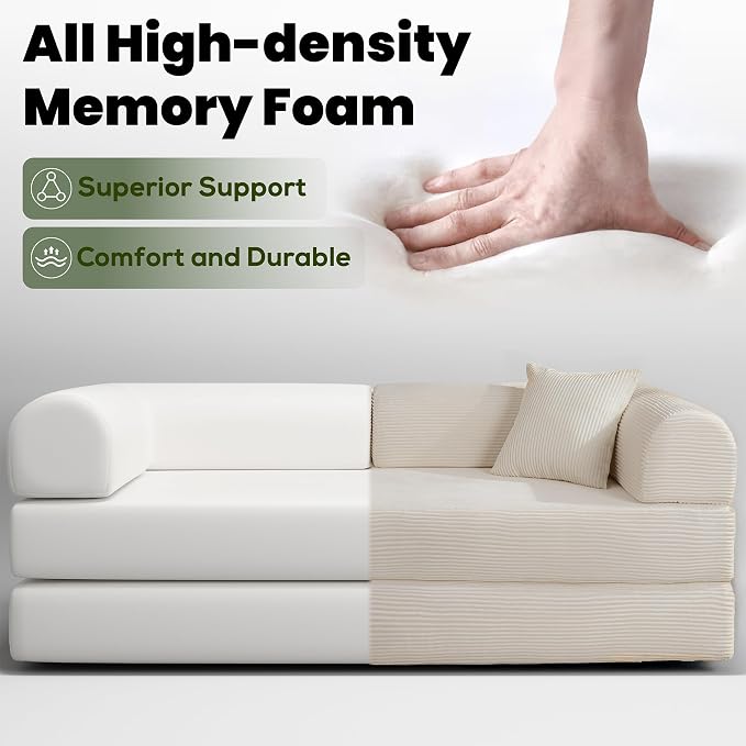 79" Convertible Sofa Bed, Boneless Corduroy Sleeper Foldable Modular Couch, Memory Foam Compressed Sofa in A Box, Folding Mattress Floor Couch for Small Space Living Room Apartment Bedroom, White