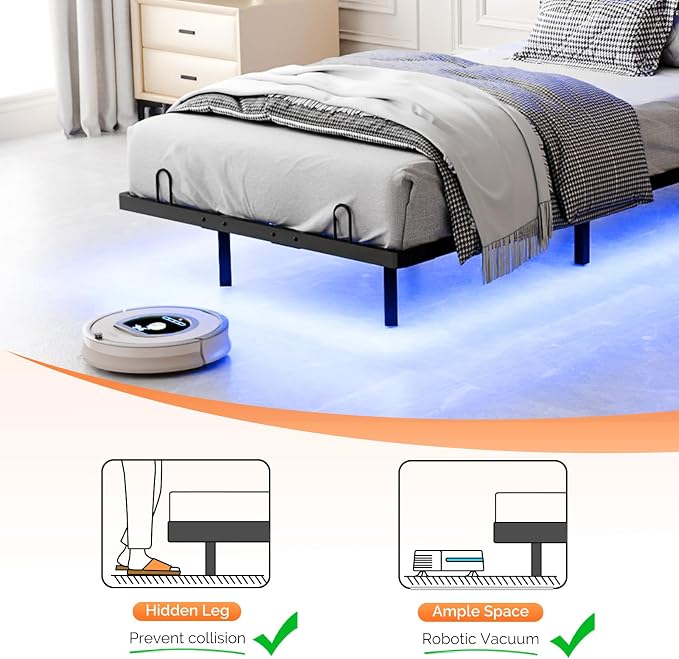 VINGLI Twin Floating Bed Frame with Headboard Heavy Duty Metal Frame, Storage Shelf, LED Lights Charging Station, Modern Platform Bed, Adjustable Headboard, No Box Spring Needed, Grey