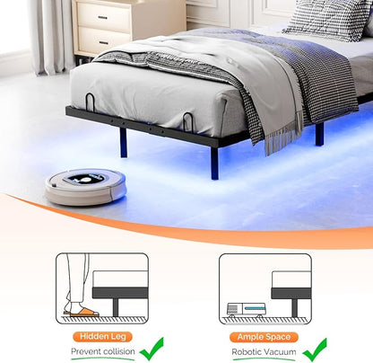 VINGLI Twin Floating Bed Frame with Headboard Heavy Duty Metal Frame, Storage Shelf, LED Lights Charging Station, Modern Platform Bed, Adjustable Headboard, No Box Spring Needed, Grey
