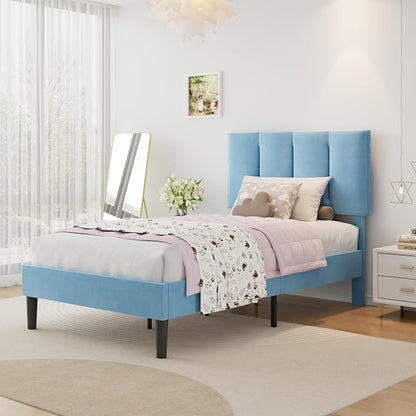 VECELO Twin Size Bed Frame with Upholstered Headboard, Heavy-Duty Bedframe with Wooden Slats & Steel Framework, Easy Assembly, Light Blue