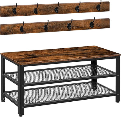 HOOBRO Hall Tree Entryway Storage Bench, Coat Rack Shoe Bench, Shoe Rack Organizer with Coat Hooks, 3-in-1 Design, Wooden Furniture with Metal Frame, Rustic Brown and Black BF171MT01